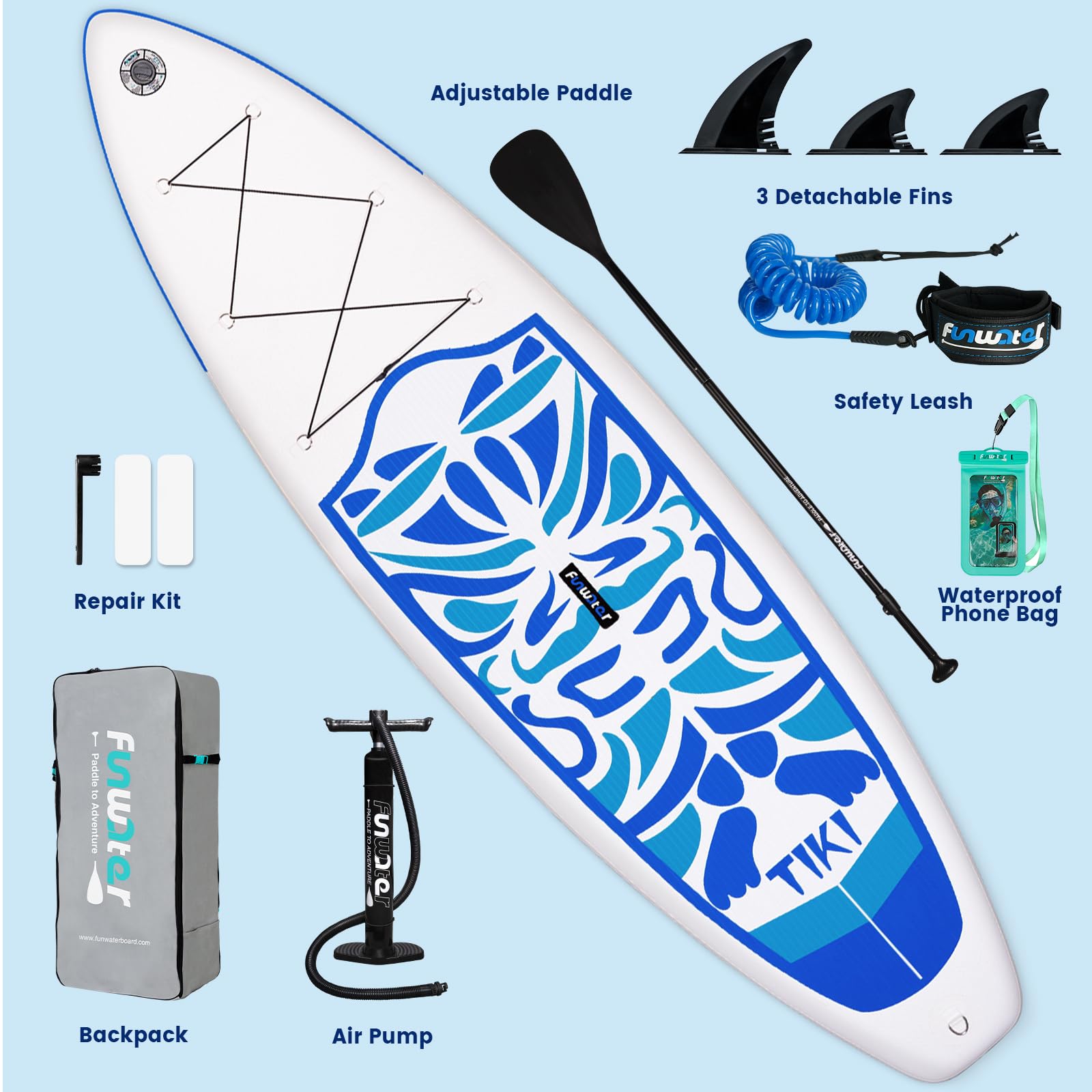 FunWater Stand Up Paddling Board nadmuchiwana deska SUP 320cm z wiosłem, plecakiem, pompką, footrope (Niebieski)