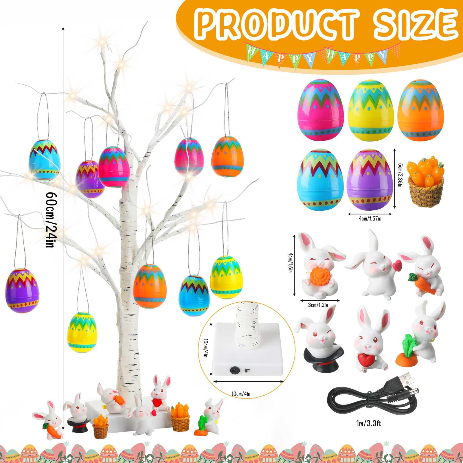 Vercraft 19 Pcs Easter Egg Tree Lighted 2 ft LED White Birch Tree Lighted Artificial Easter Tree Light Easter Eggs Ornaments Cute Carrot Rabbits Miniature Figurines for Home Table Easter Party Decor