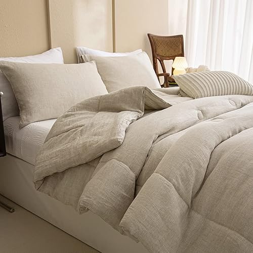 Miniatura 7 de Merryword Juego de edredón de lino francés natural, tamaño King, suave, transpirable, absorbe la humedad, cómodo, 3 piezas