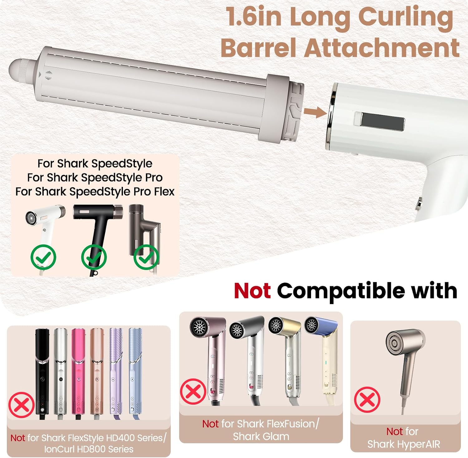 1.6in Long Hair Curling Barrel Attachment for Shark SpeedStyle