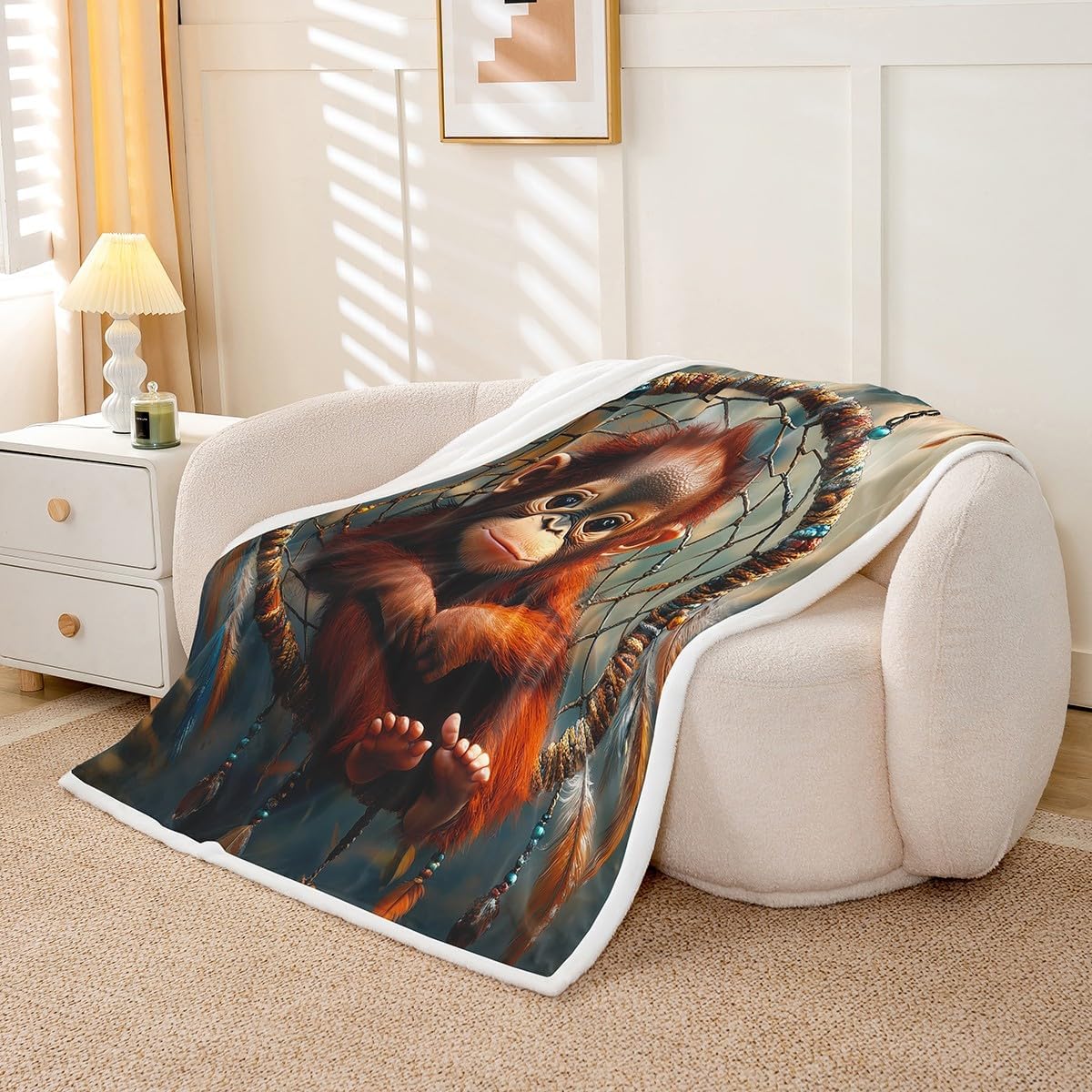 Erosebridal Monkey Blanket Dream Catchers Throw Blanket 50"x60",Boho Feather Fleece Blanket Woodland Animals Bed Blanket,Exotic Bohemian Decor for Sofa Couch Travel Camping