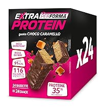 Pesoforma EXTRA PROTEIN, Barretta choco caramello, Barrette proteiche al gusto di cioccolato al latte e pistacchio, Fonte di vitamine, proteine e fibre, 27g, Multipack da 24 barrette