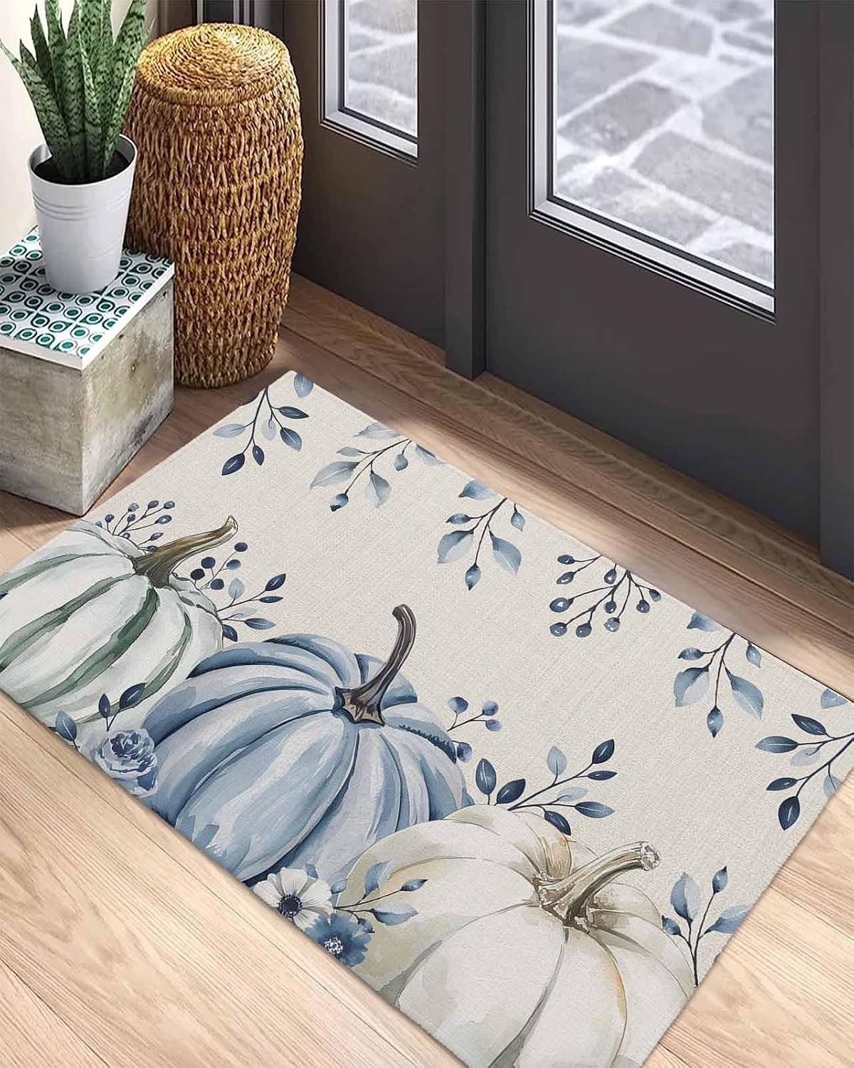 Front Door Mat, Non - Slip Absorbent Door Entry Mats, Doormats Indoor/Outdoor Entrance Small Rugs, Fall Eucalyptus and Pumpkins for Thanksgiving Doormat - Easy to Clean Floor Mats for Home 24x36 Inch