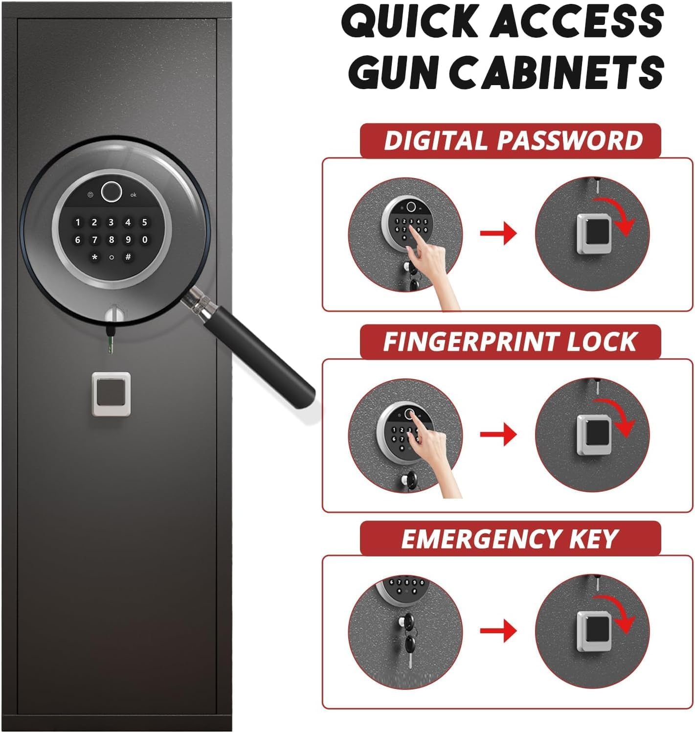 [No Assembly Required] 10-12 Gun Safe for Home Rifle and Pistols, Fingerprint & Digital Keypad Entry, Heavy-Duty Steel Cabinet with Adjustable Shelves, 57"H for Long Guns & Pistols, Black