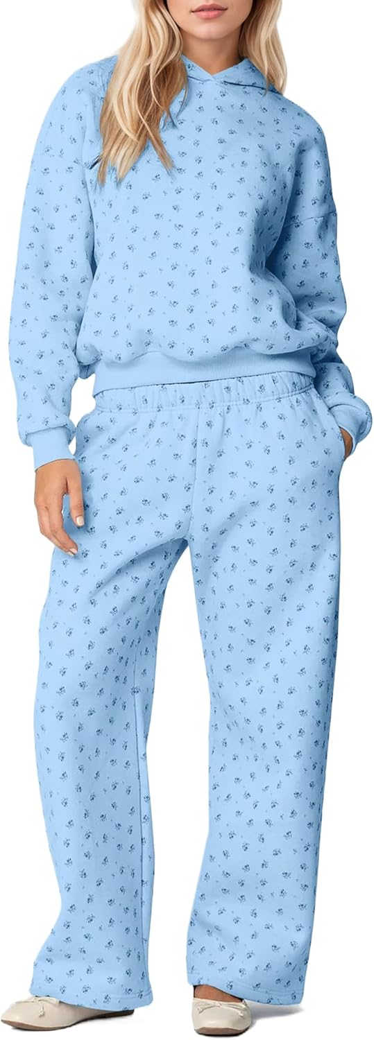 OLAPTA Women 2 Piece Outfits Ditsy Flower Print Sweatsuits Sets Long Sleeve Sweatshirts Wide Leg Sweatpants Fall Tracksuits