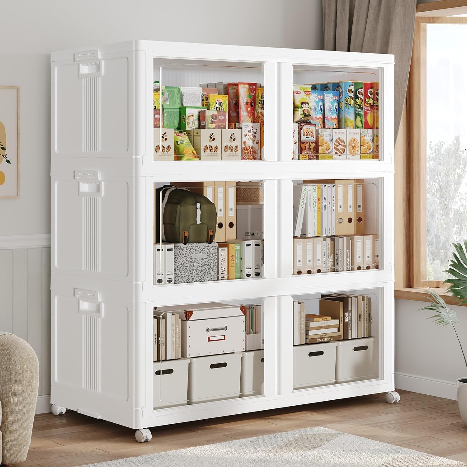 250GAL Large Stackable Storage Bins with Lid and Wheels, 1000Qt Collapsible Organizer Cabinet with Clear Door, for Closet, Bedroom, Kitchen, Garage, 5-Pack White