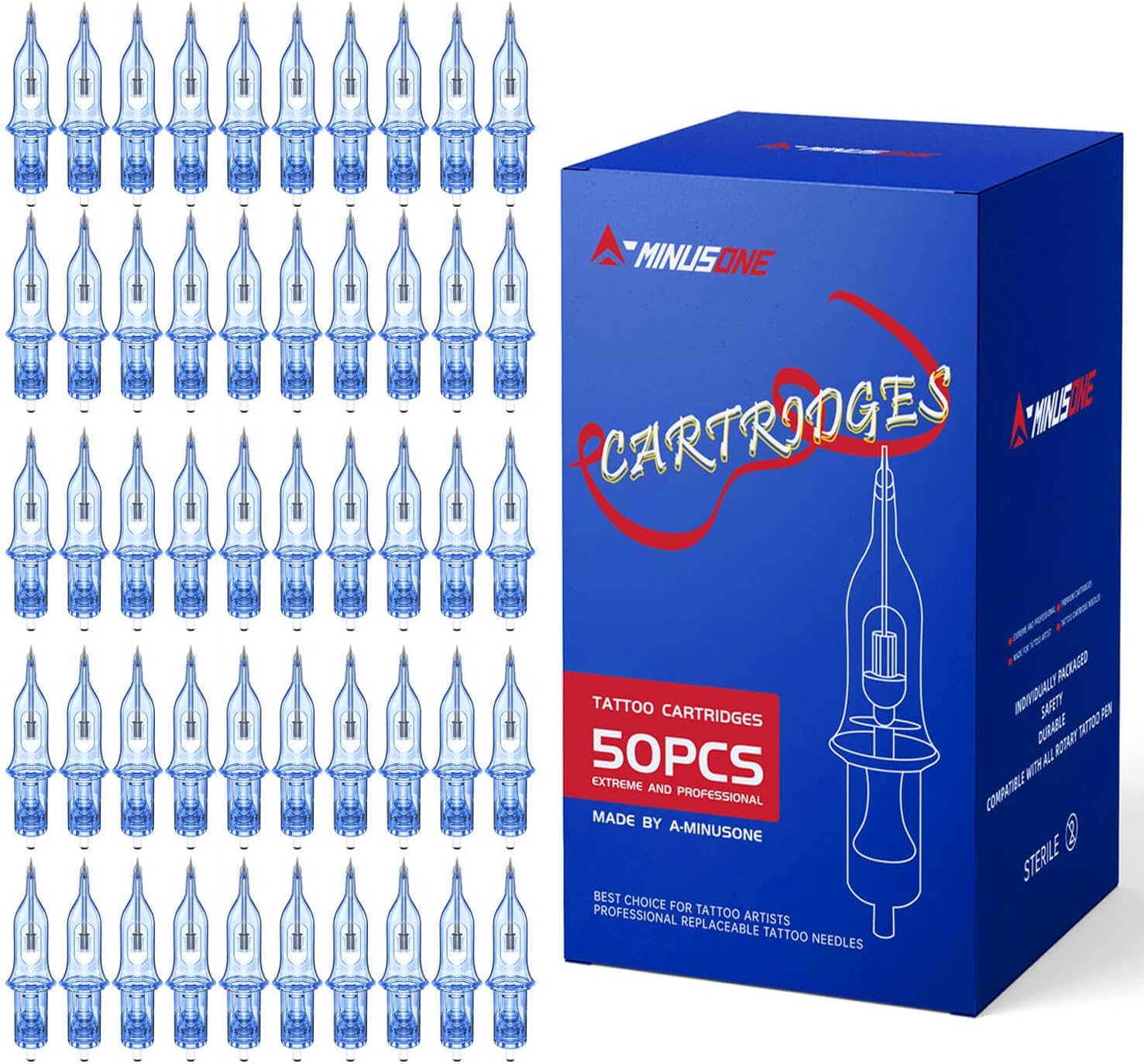 A-minusone 50PCS Tattoo Needles Standard Sizes #1203RL+05RL+07RL+09RL+11RL, 10Pcs of Each Tattoo Cartridge Needle Round Liner Tattoo Needle Assorted