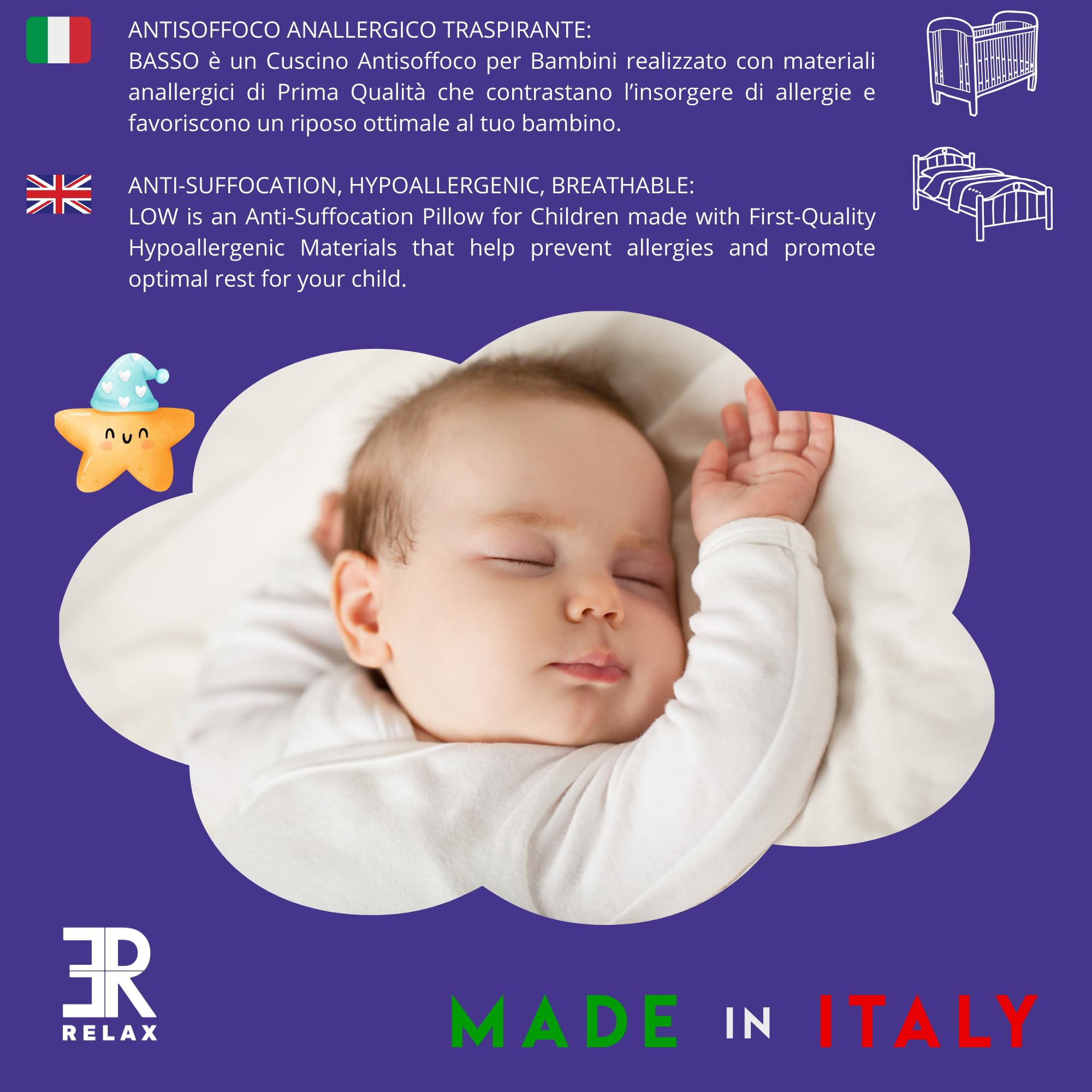 ER RELAX® - Laag kussen voor kinderen, afmetingen 50 x 80 cm, hoogte 5 cm voor het grote bed, laag hoofdkussen voor kinderen, hypoallergeen, ademend, met voering 100% katoen, gemaakt in Italië