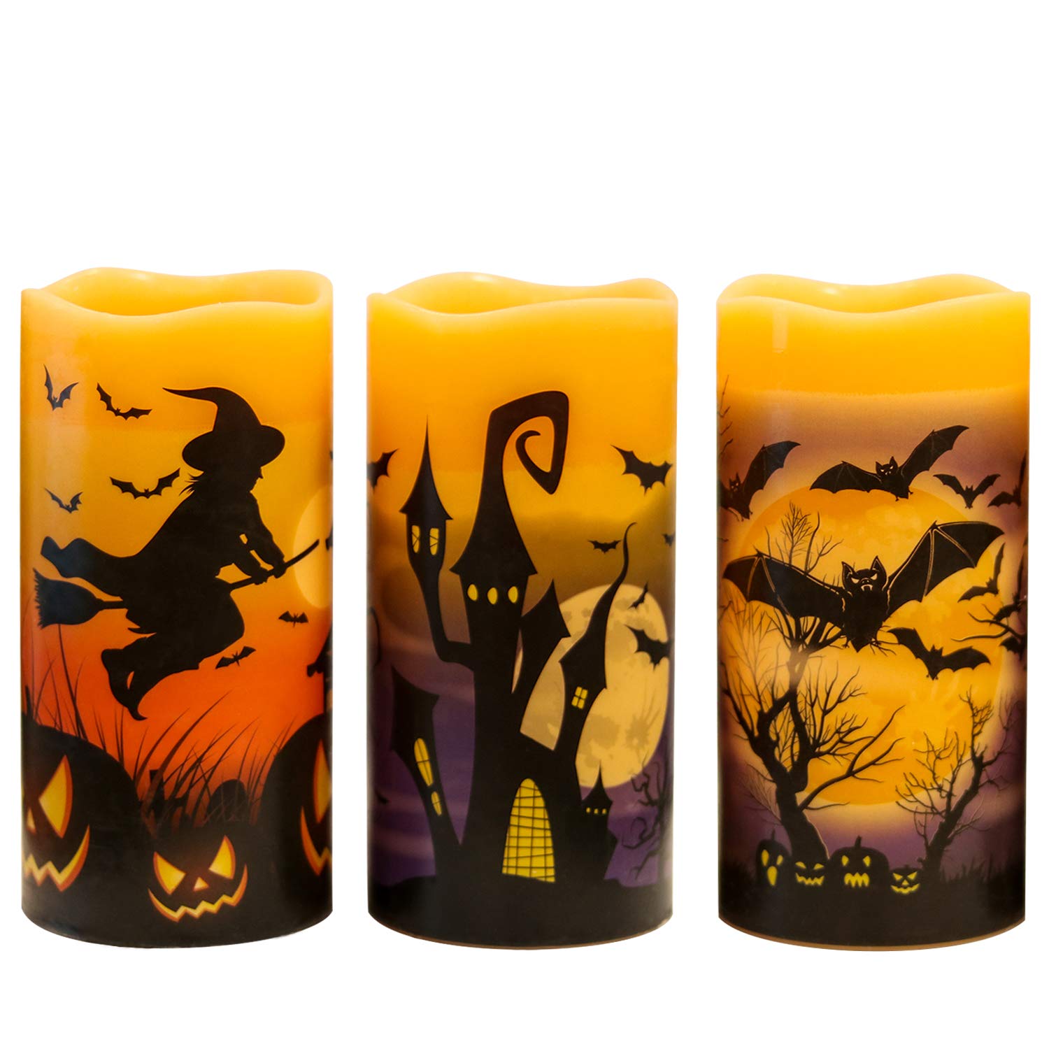 Eldnacele Halloween Flameless Pillar Candles with 6H Timer, Battery Operated Real Wax LED Candles with Bats, Castle, Witch Pattern for Horror Spooky Halloween Decoration Gift Pack of 3