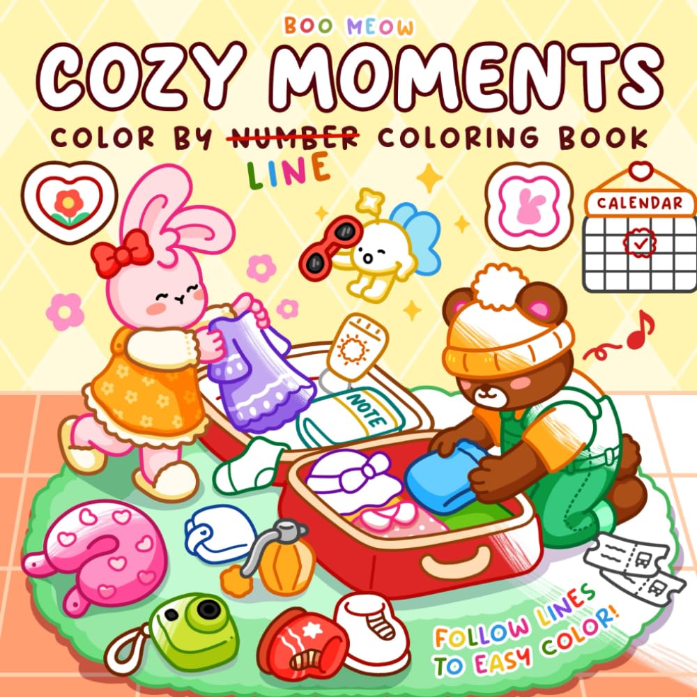 Cozy Moments: Color By Line Coloring Book Featuring Vibrant Colored Outlines of Fuzzy Animal Friends, Relaxing and Cozy Designs for Adults and Teens