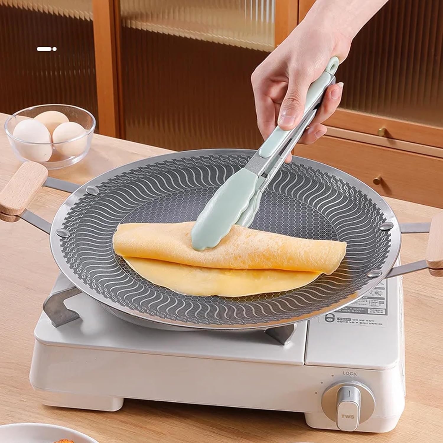 BBQ Grill Pan, Nonstick Round Griddle Grill Pan, Portable Round Cast Stainless Steel Skillet with Handle for Indoor or Outdoor Grilling,34cm