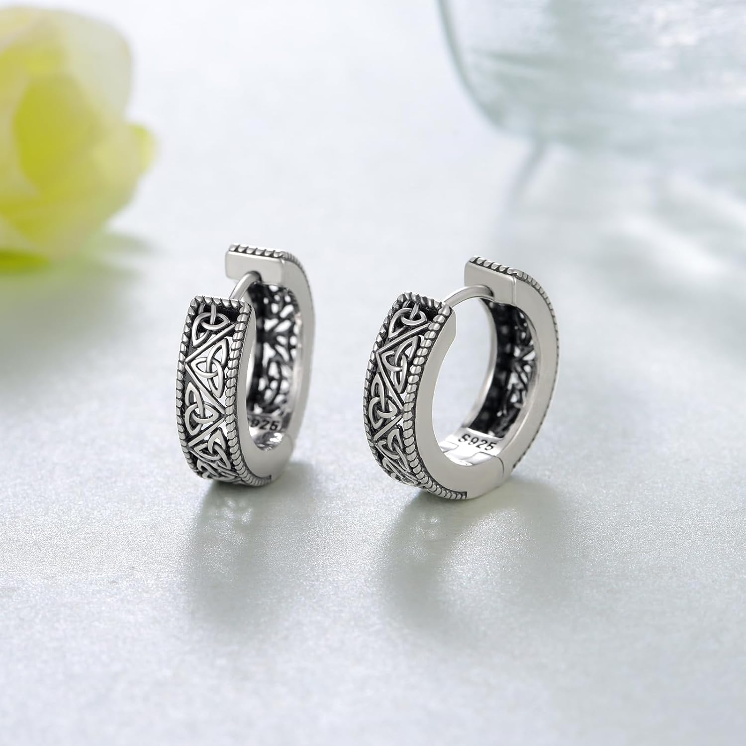 Viking Rune Celtic Wolf Ankh Roman Numeral Sobriety Black Cross Sterling Silver Vintage Hoop Earrings for Men Women