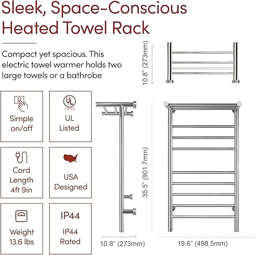 Miniatura 3 de WarmlyYours Calentadores de toallas para baño, toallero térmico montado en la pared con estante, 11 barras de acero inoxidable pulido, 20 x 36