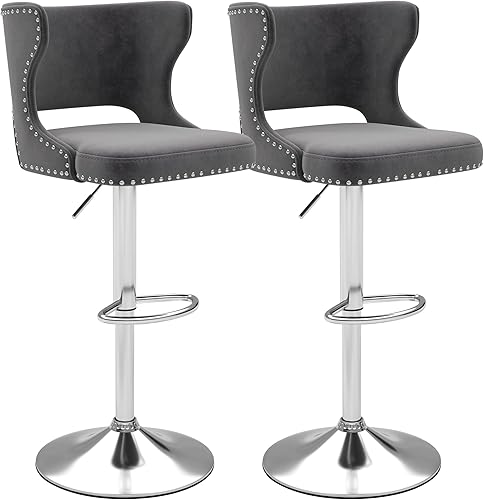 Westice Juego de 2 taburetes de bar, taburetes de bar giratorios de terciopelo ajustables con respaldo hueco, ribete de remache y base cromada