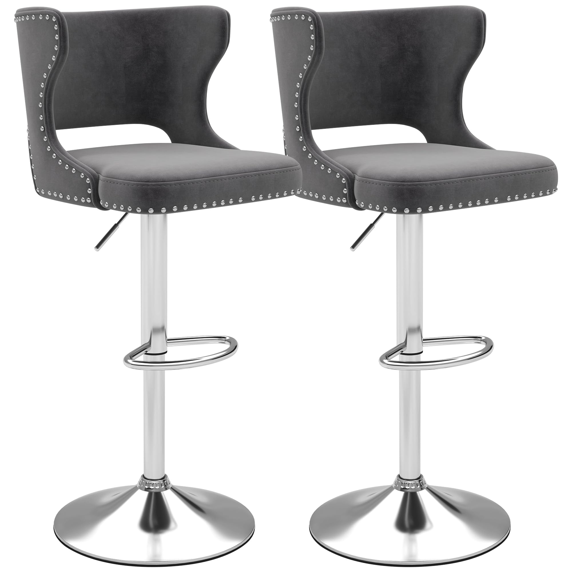 Westice Bar Stools Set of 2, Velvet Swivel Adjustable Barstools with Hollow Back, Rivet Trim and Stable Chrome Base, Upholstered Counter Height Bar