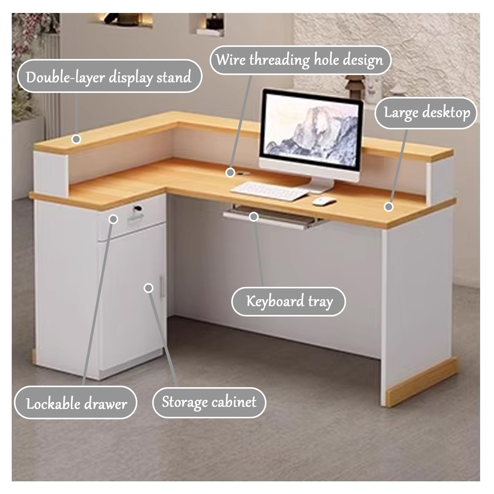 Moderner L-förmiger Kassentisch mit abschließbarer Schublade, sichere Aufbewahrung für Einzelhandel, Schönheitssalon, Heimbüro, vielseitiger Arbeitsplatz (99,8 x 59,9 x 99,8 cm)