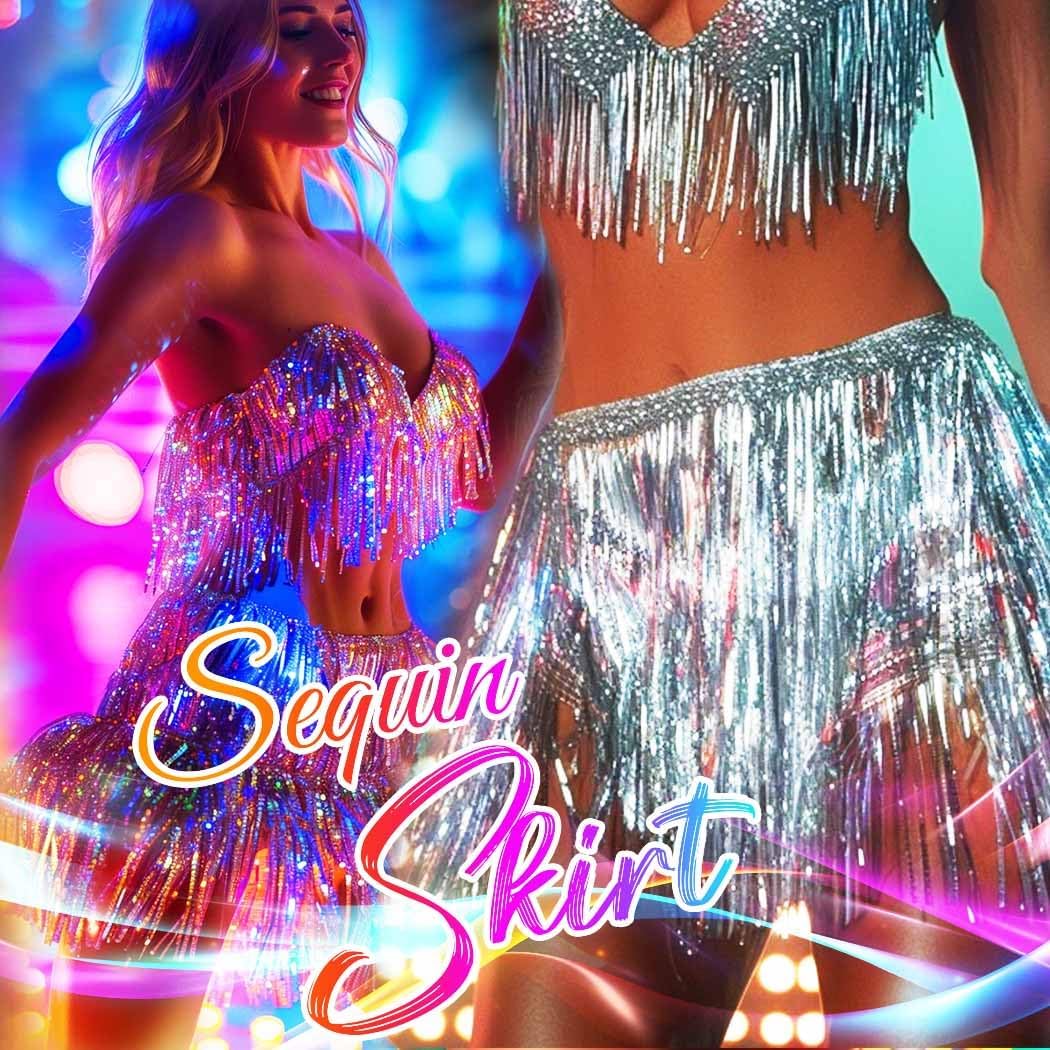 CLOACE Sequin Skirt Sparkly Belly Dance Hip Scarf Fringe Skirts for Women - Image 7