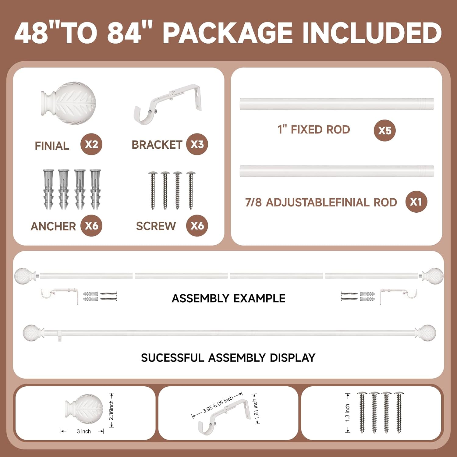 BRIOFOX White Boho Wood Curtain Rods for Windows 48 to 84 Inch - 1 inch Diameter Heavy Duty Curtain Rods with Imitation Wood Grain Leaf Pattern Finials,Adjustable Decorative Curtain Rods Set,28-88''