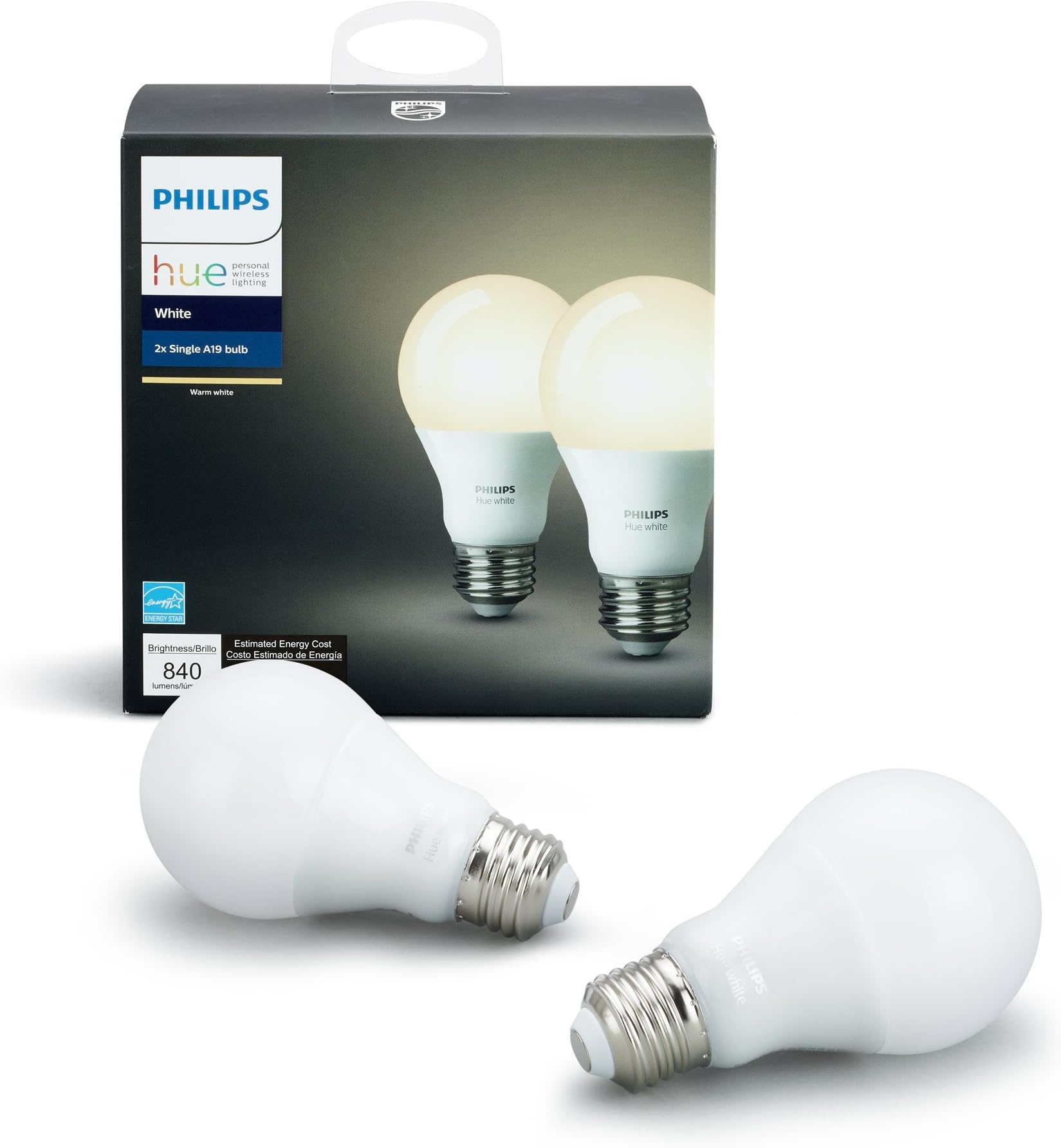 Philips Hue White A19 2-Pack 60W Equivalent Dimmable LED Smart Bulb (Compatible with Amazon Alexa Apple HomeKit and Google Assistant)