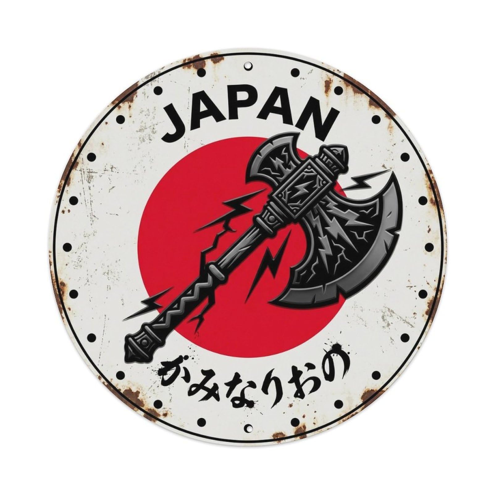 Thunder Axe Japan Lightning Power Matsuri Archive Badge Metal Tin Sign Plaque Wall Decor for Cafe, Man Cave, Club Bar, Office, Home Garden Round Metal Poster 8x8Inch