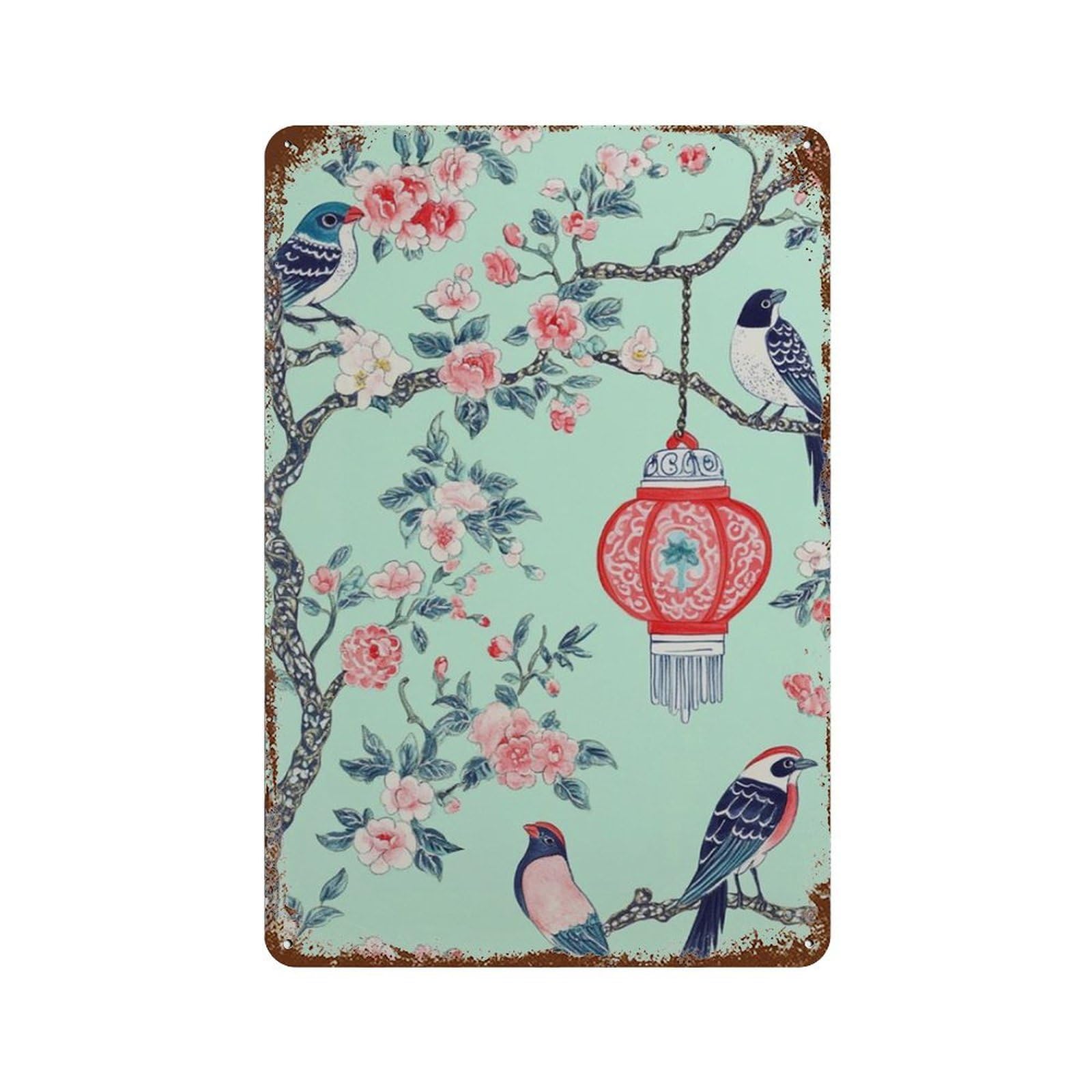 xiaoxiaoshen Chinoiserie Bird Floral Branch Oriental Lantern Work Elegant Asian Botanical Pat Wall Decor Art Metal Tin Poster Modern Home Decor Art Home Bar Shop Decorations Vintage Sign 30x20cm