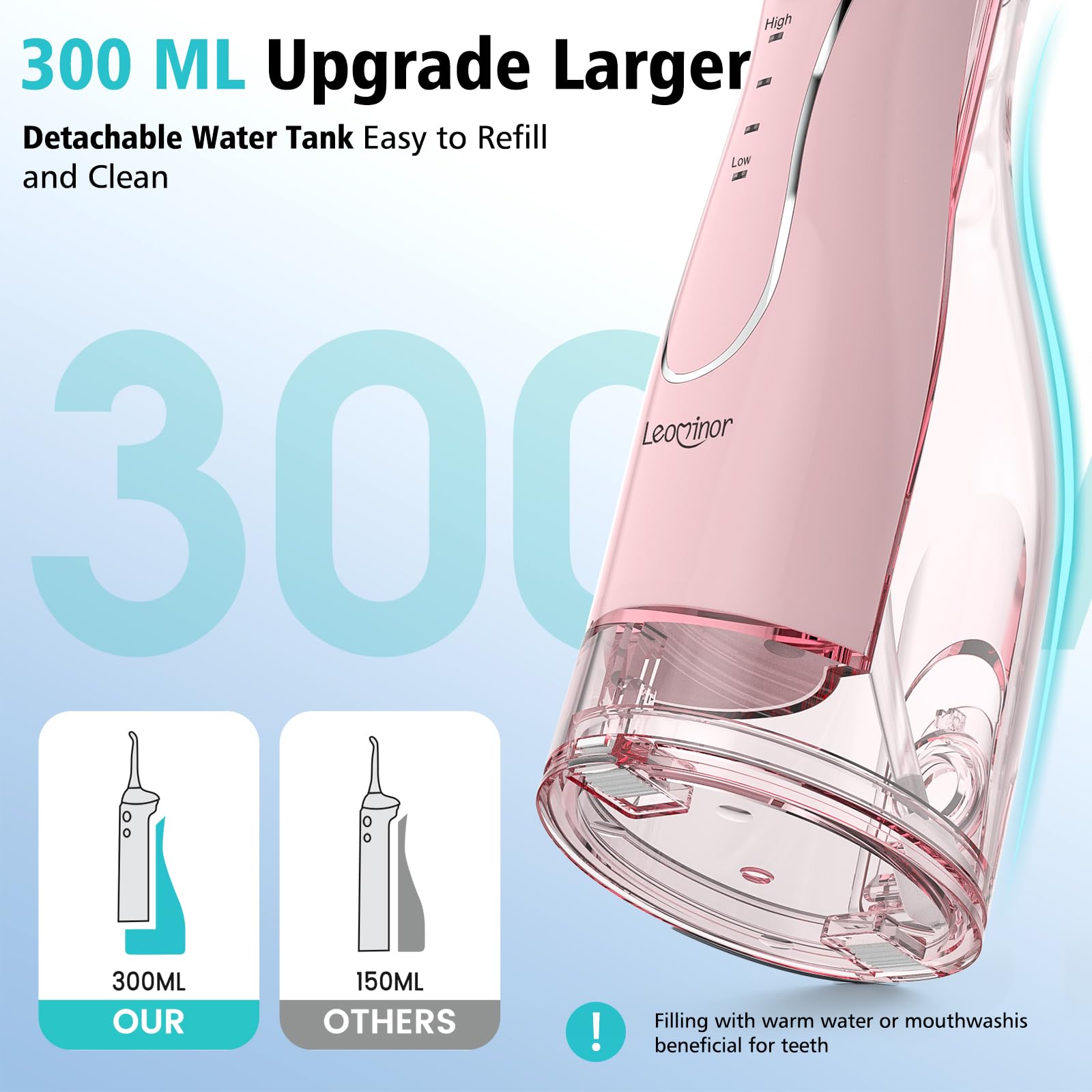 Leominor Zahnseide für Zähne, 300 ml, tragbare Munddusche, verbesserter Tank, abnehmbar, IPX7 wasserdicht, wiederaufladbar, Reisezahnreiniger, professionelle elektrische Zahnseide für Zähne (Rosa)