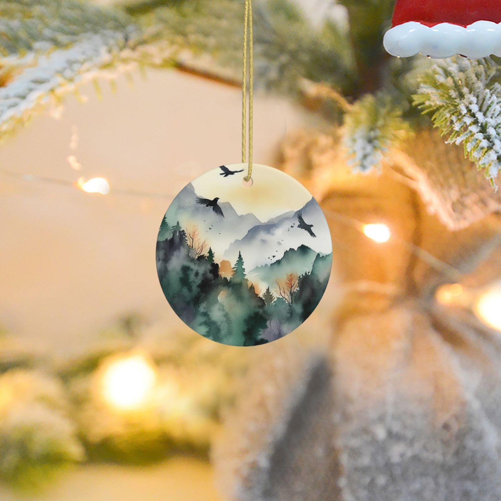 Christmas Tree Ornaments Ceramics Christmas Round Decorations Mountain Birds Watercolor Ceramics Ornaments Circle Pentagram Xmas Tree Hanging Pendant for Christmas Tree Party Holiday Home Decor