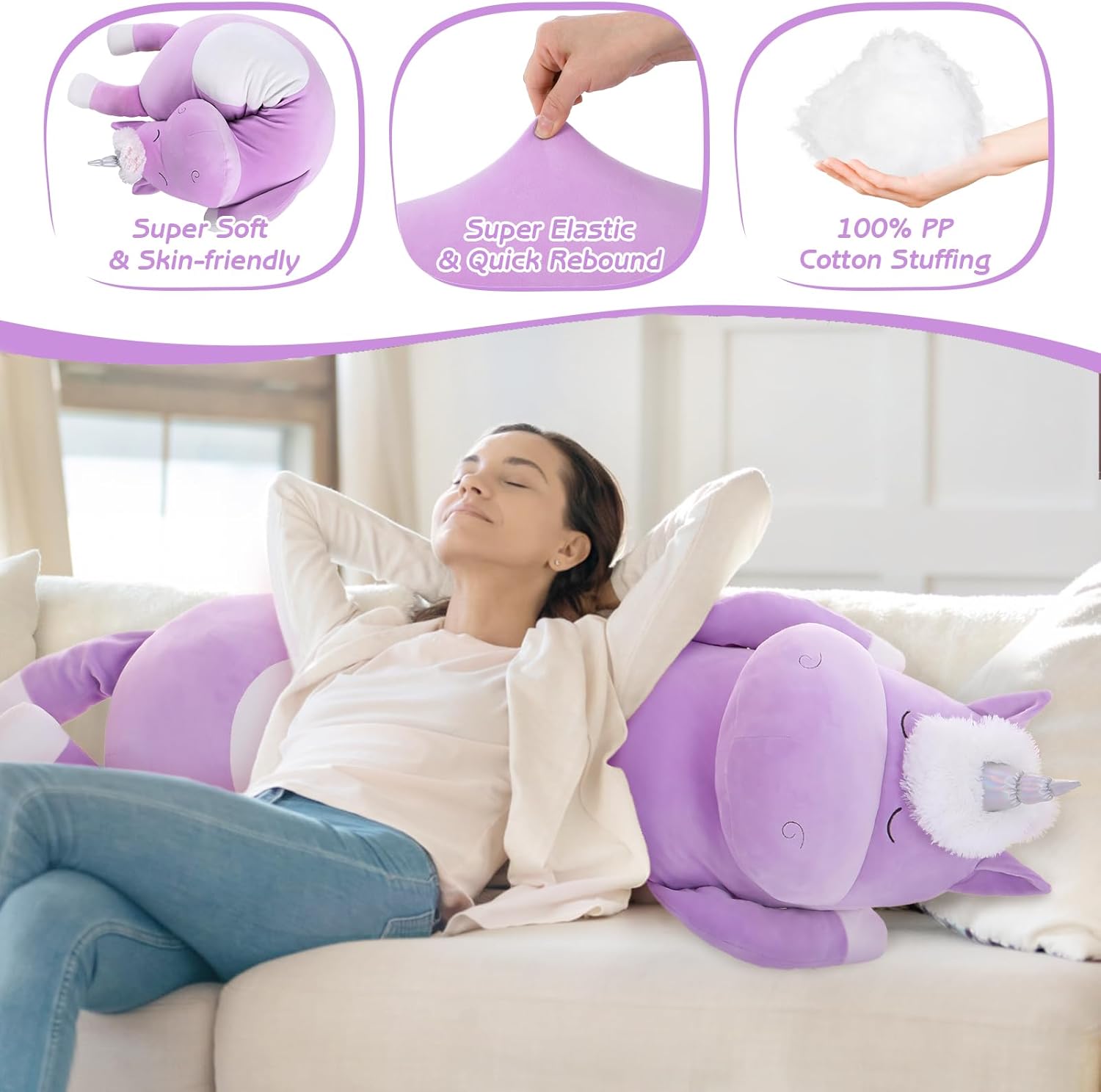 MorisMos Giant Plush Unicorn Body Pillow 4 Ft,51 in Long Purple Unicorn Stuffed Animal Body Pillow for Kid Girl Boy,Soft Big Hugging Toy for Girlfriend Adult, Large Stuffed Animal Gifts for Birthday