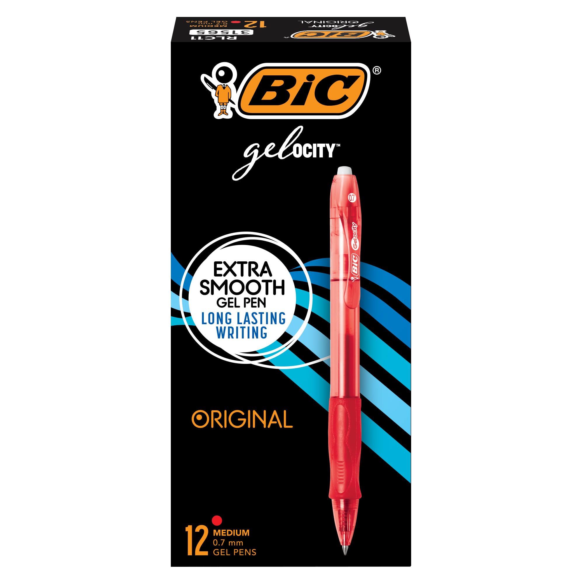 Bic Gel-Ocity Gel Pens, 12-Count, Medium Point, Red Ink, Retractable, Contoured Grip