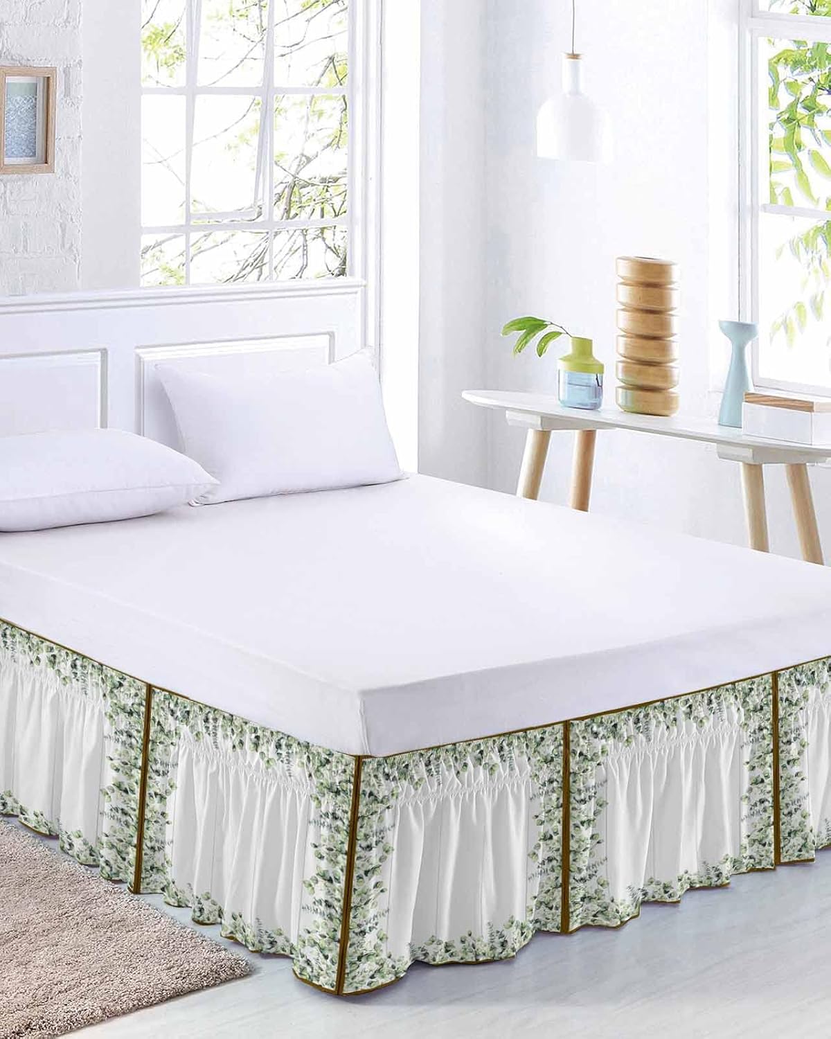 Green Leaf Bed Skirt Queen Size 16 Inch Drop, Adjustable Elastic Wrap Around Bed