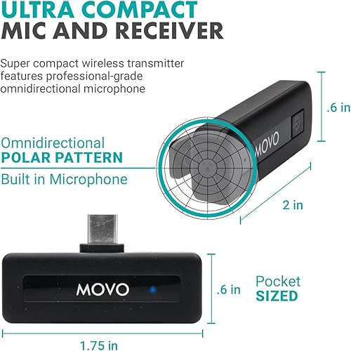 Miniatura 4 de Movo Micrófono inalámbrico Mini USB-C para iPhone 15 - Micrófono iPhone 15 compatible con iPhone 15 Pro Max - Duración de la batería de 10 HR, rango