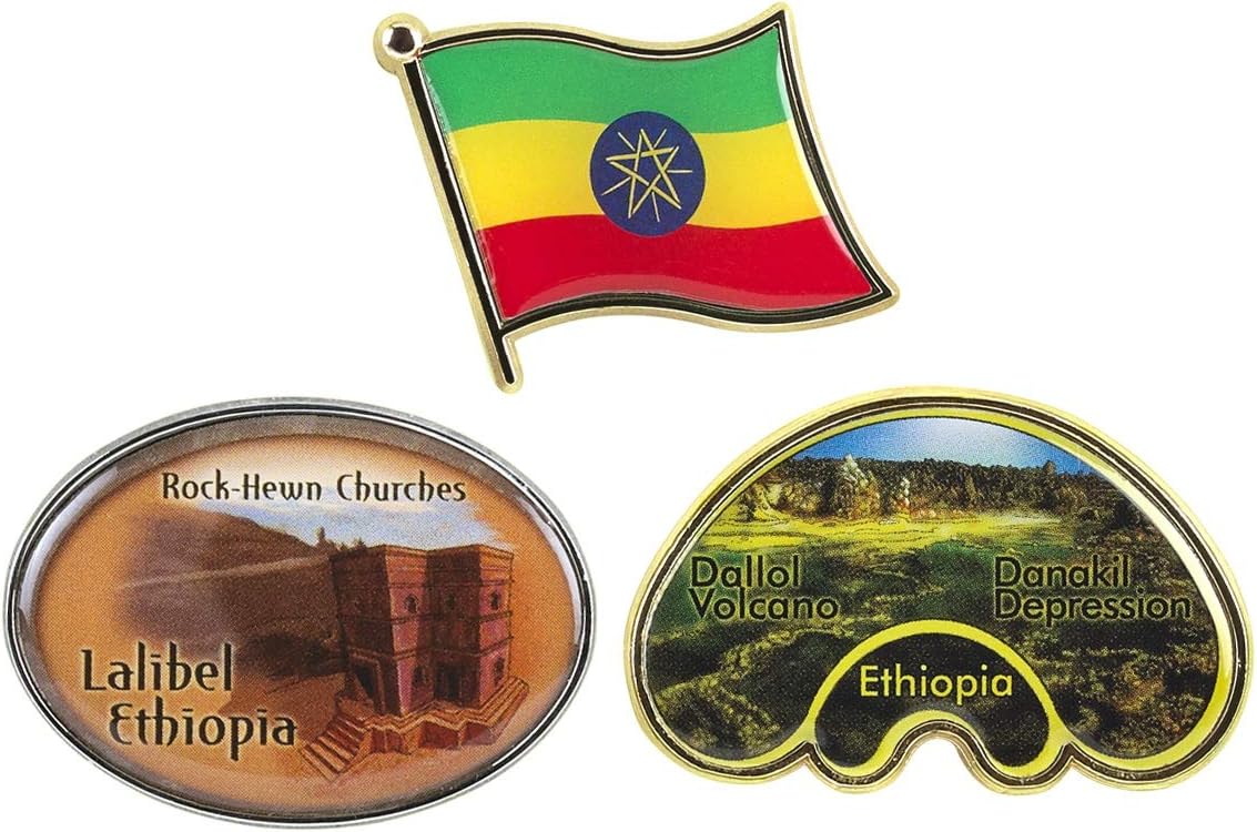 Spartan & the Green Egg Explorer Pins & Flag Set: Ethiopia Set # 1 - Lalibel, Dallol Volcano, Ethiopia Flag