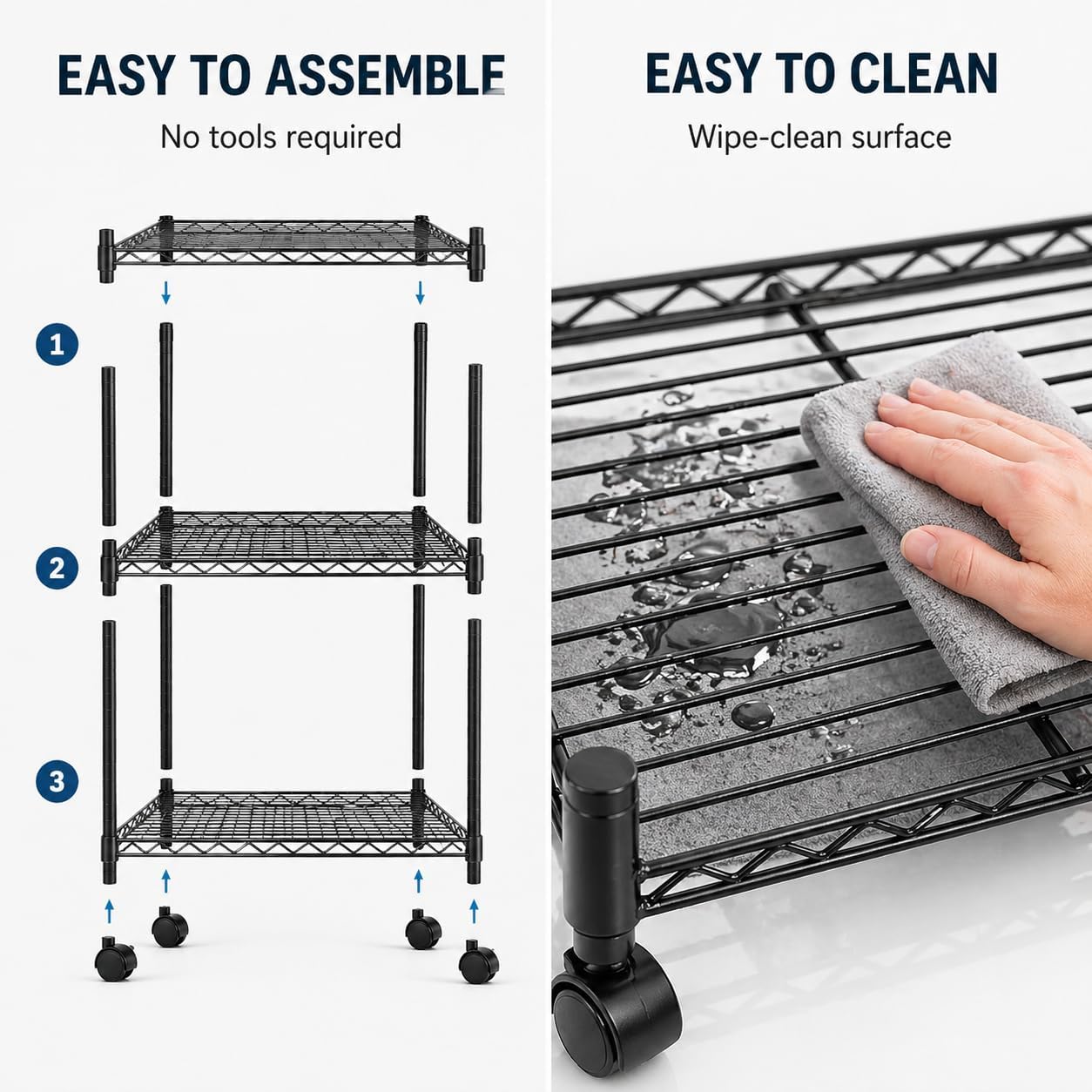Simple Deluxe 3-Tier Heavy Duty Adjustable Storage Shelf with Wheels, 23.23”W x 13.39”D x 30.31”H, Mobile or Stationary Metal Shelving Unit, Easy Assembly for Kitchen, Pantry, Laundry Room, Black