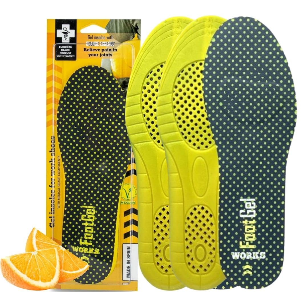 2 Paia Solette per Scarpe Lavoro Works® | Solette Gel Uomo/Donna per Uso Quotidiano Traspiranti | Stabilizzanti, Ridurre i Dolori a Piedi e Zona Lombare | Arancione, Taglie 43-47