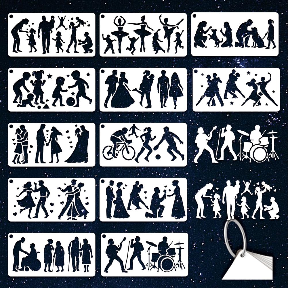 GOMAKERER 12 Sheets Human Silhouette Stencils for Painting, 12 Styles Dancing Person Drawing Templates Family Silhouette Plastic Art Templates for Painting on Wall Wood Home Decor, 240x120mm