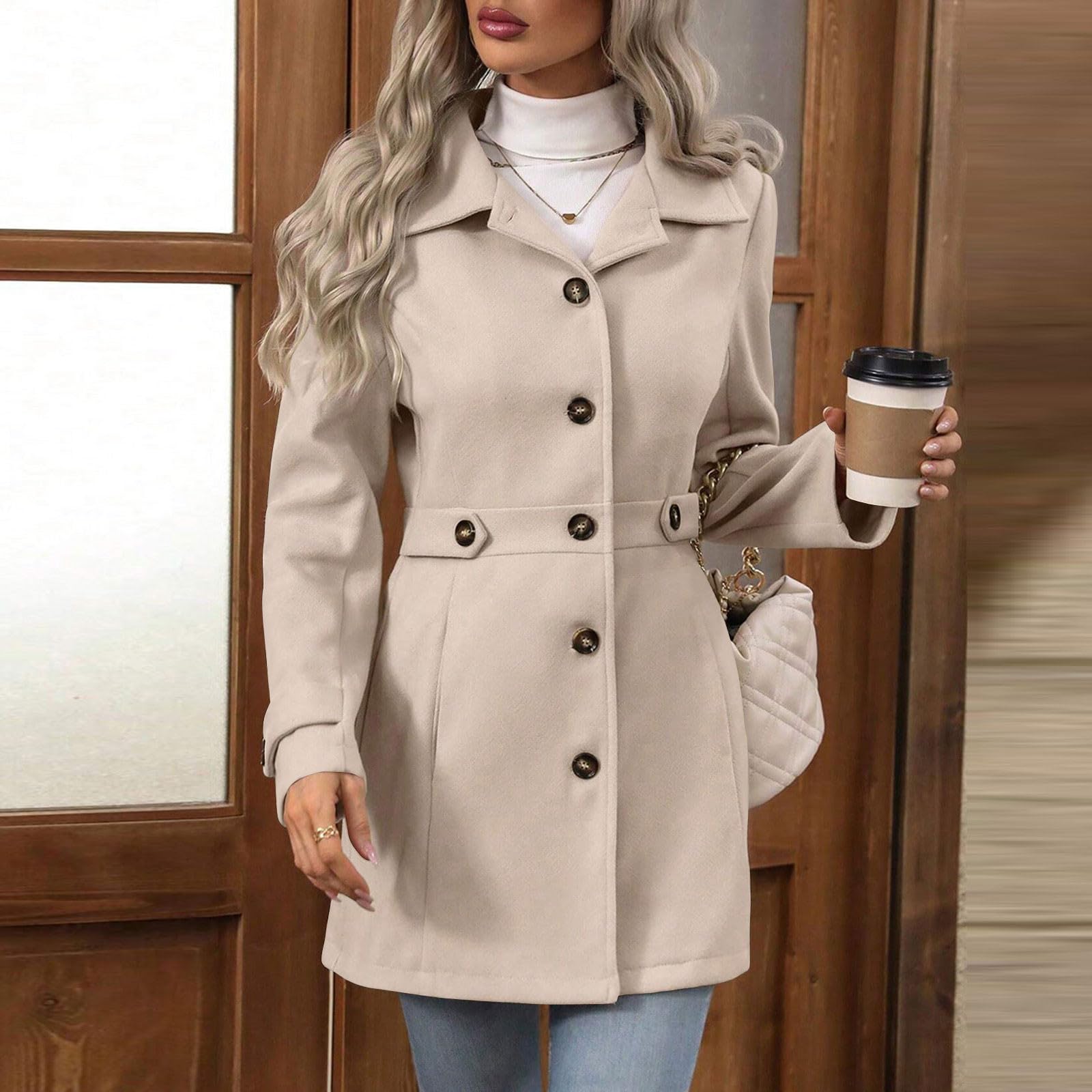 Mantel Damen Lang Trenchcoat Elegant Wollmantel Einfarbig Wintermantel mit Knöpfen Revers Windjacke Outdoor Warm Strickjacke Herbstmantel Winter Windjacke Dicke Übergangsjacke Winterjacke