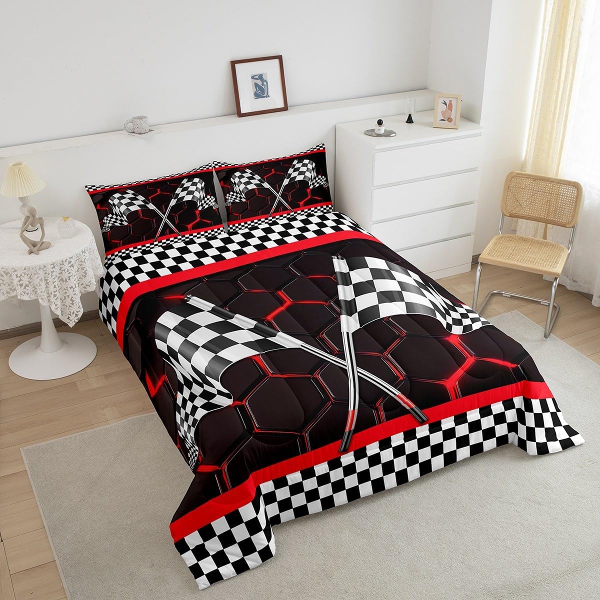 Erosebridal Boys Racing Car Comforter Set Queen,Black and White Race Flag Bedding Set for Kids Teens,Red Neon Lights Hexagon Honeycomb Quilt,Geometric Beehive Plaid Grid Checkered Duvet Insert