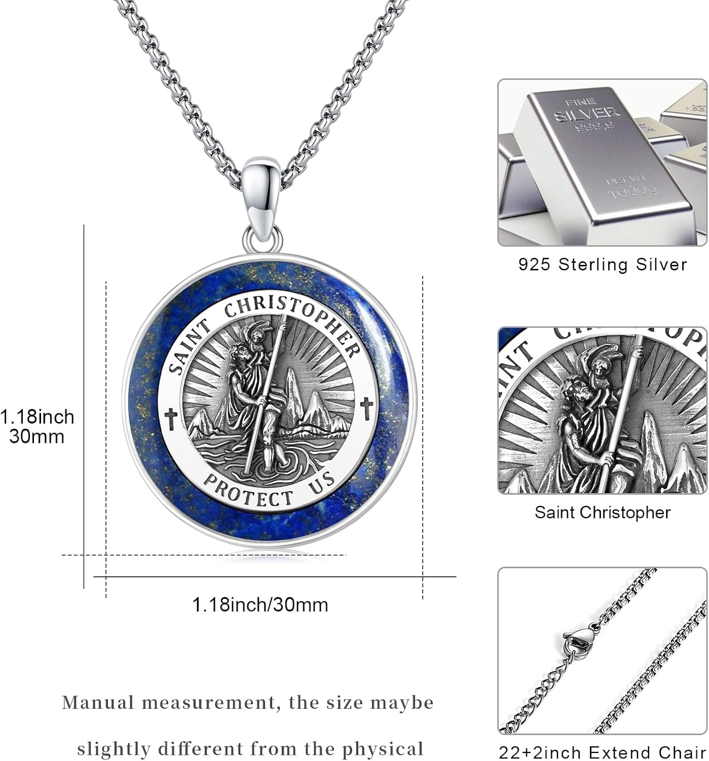 925 Sterling Silver Patron Saint Medals Amulet Protection Pandent Necklace Cross Faith Jewelry for Men(2.5mm 22"+2" Rolo Chain) - Image 2