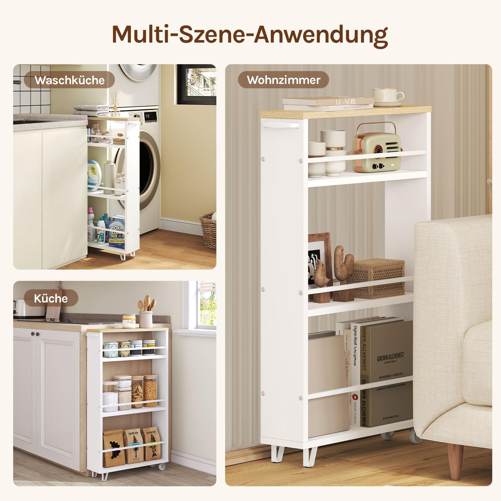 WOLTU Servierwagen mit 3 Ebenen, Küchenwagen mit Rollen Griff Bremsen, Rollwagen Aufbewahrungswagen für Küche Büro Wohnzimmer, 47x80x13 cm, Helle Eiche Weiß