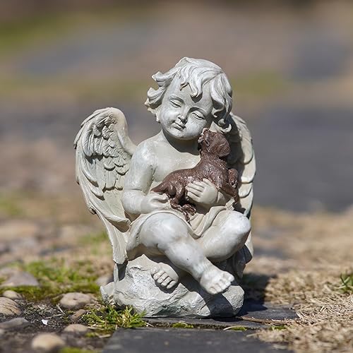 Miniatura 2 de Topadorn Estatua de alas de ángel de resina con perro pequeño, figura de ángel rezando, decoración de mesa para patio, porche, césped, decoración al
