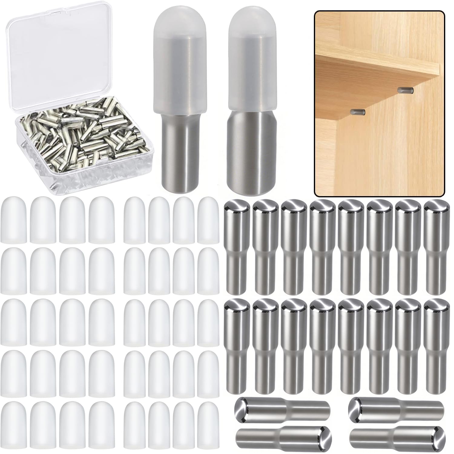 20 Pack 5mm 1/4 Inch Stainless Steel Shelf Support Pegs for Kitchen Cabinets, Adjustable Metal Pins and Clips for Bookshelves, Bookcases, Cupboards, and Glass or Wood Shelves Replacement Holders