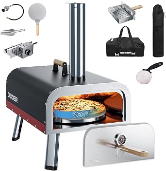 Pizza Oven Outdoor 13" Multi Fuel Rotatable Portable Stainless Steel Wood Burning Gas Pizza Oven Pizza Maker Built-in Thermometer Pizza Cutter Carrying Bag