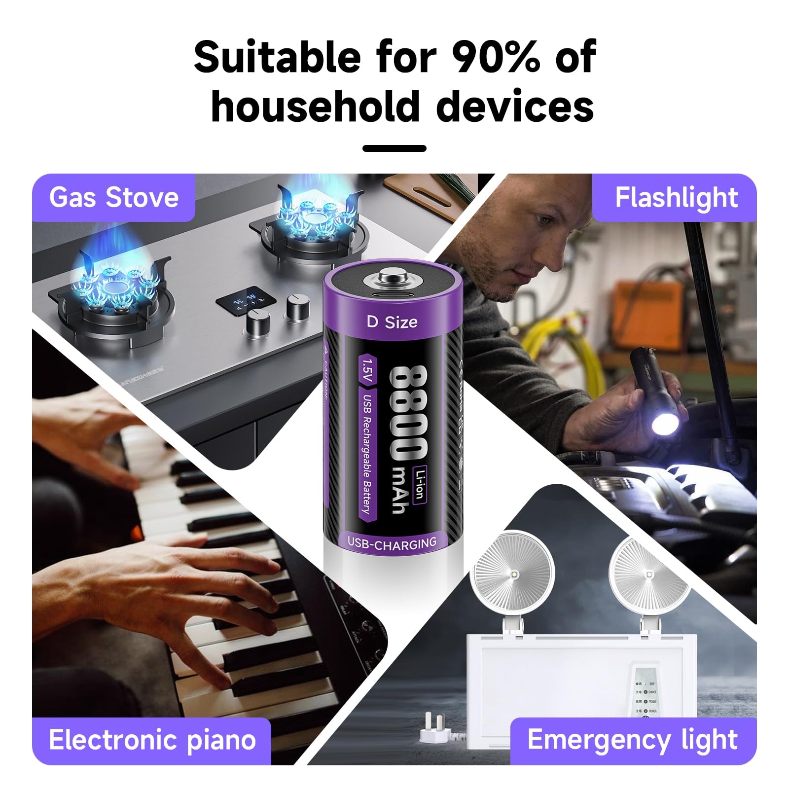 1,5V Batterien D USB-C Lithium LR20 8800mAh Mono Batterie Schnellladung Typ-C Batterien Akku mit Ladekabel, Geringe Selbstentladung, mit Ladelicht, 1500+ Zyklus, 6 Stück Batterie D