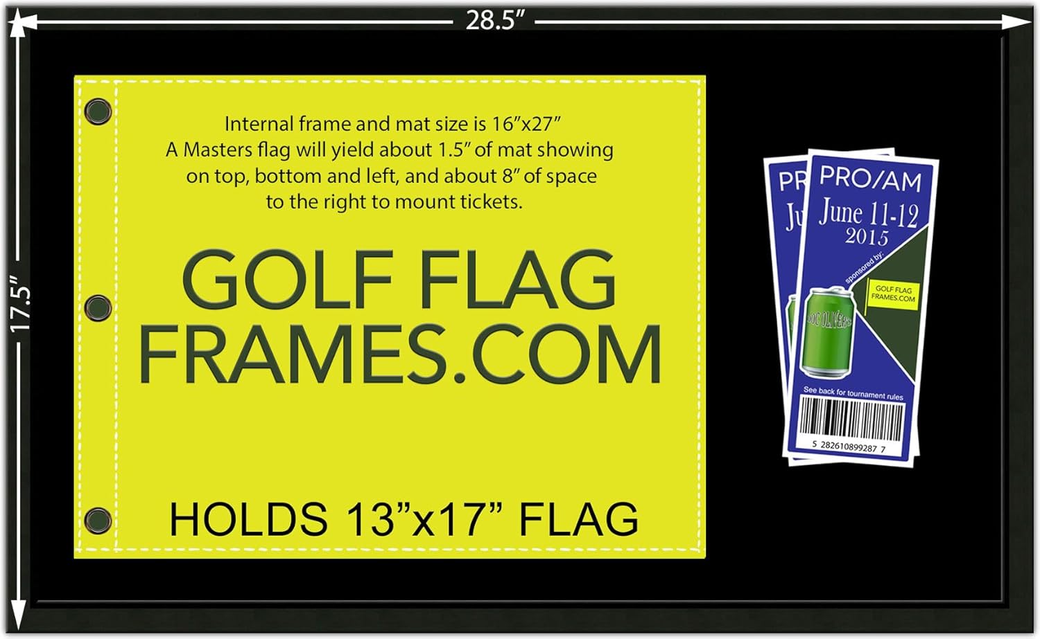 16x27 Black Golf Flag and Ticket Frame, Moulding blk-001, Reversible Green-Black Mat (holds 13x17 Masters Golf Flags; flag-tickets not incl)
