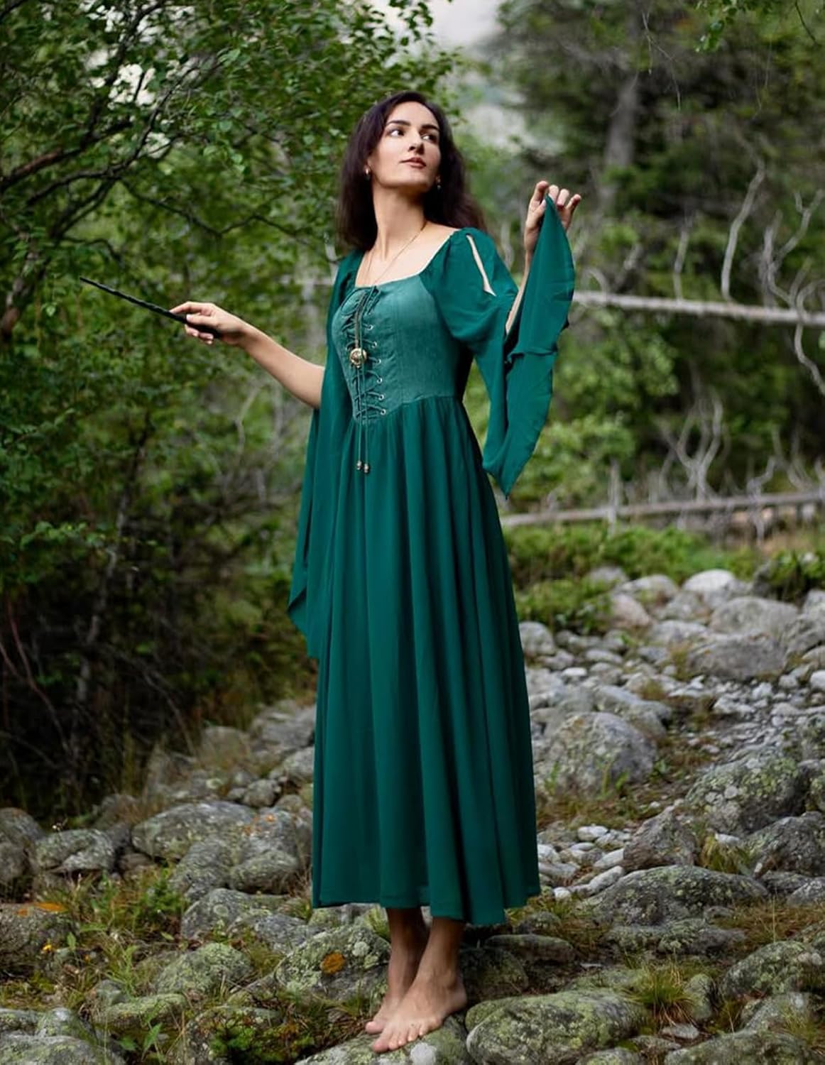 Scarlet Darkness Renaissance Costume Women Pirate Dresses Split Bell Sleeve Medieval Ren Faire Dress with Pockets - Image 5