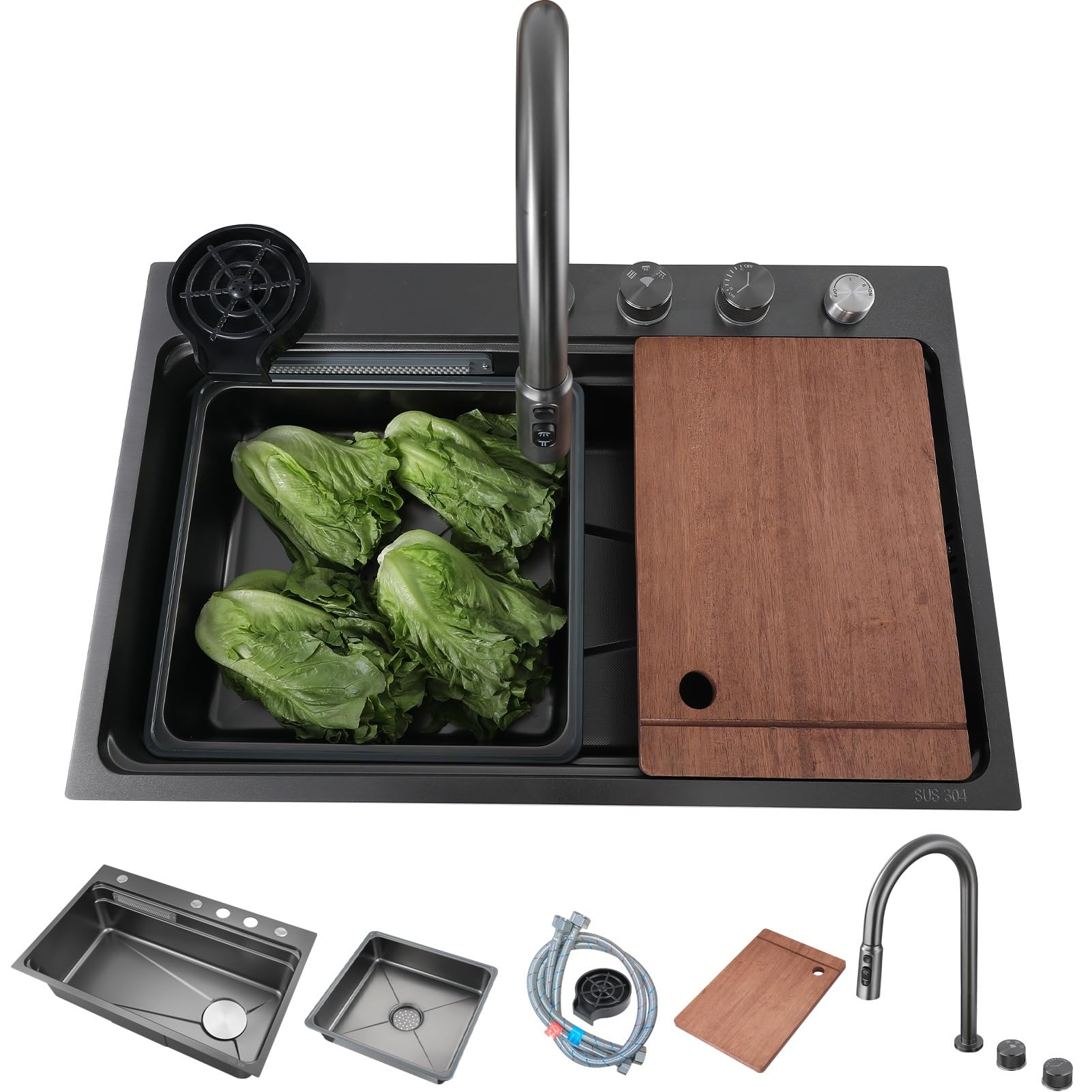 WIQUYBML Black Stainless Steel Kitchen Sink 75×48cm/29.5×18.8 Inch. With Waterfall Water Tap Set Cup Washer Workstation Farmhouse Removable Basin Cutting Board