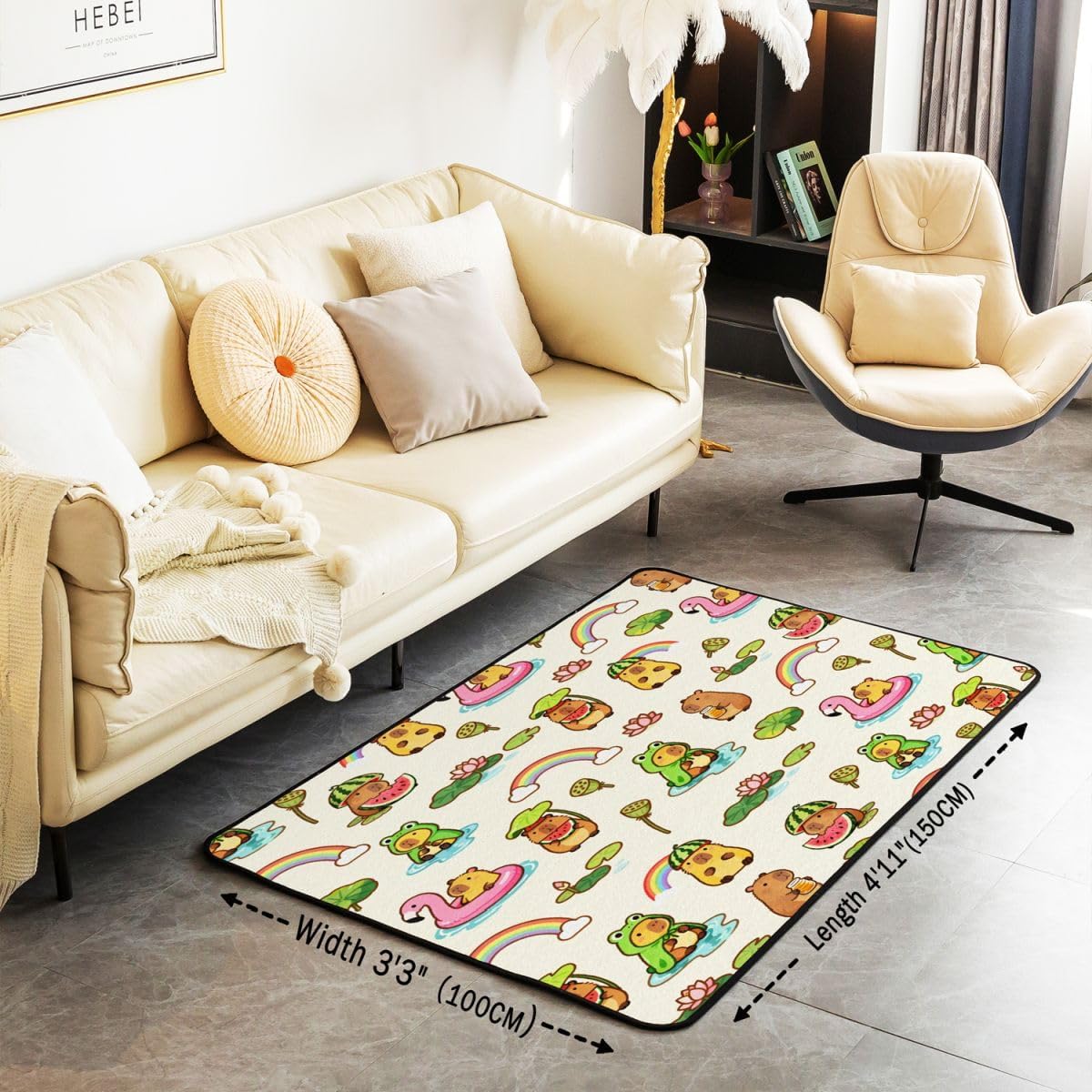 Erosebridal Funny Capybara Area Rug 3 x 5 | Cute Pink Flamingo Rainbow Living Room Rugs for Kids Girls Boys, Capybara Lover Gifts Bedroom Home Decor, Kawaii Capybaras Carpet Indoor Floor Mat