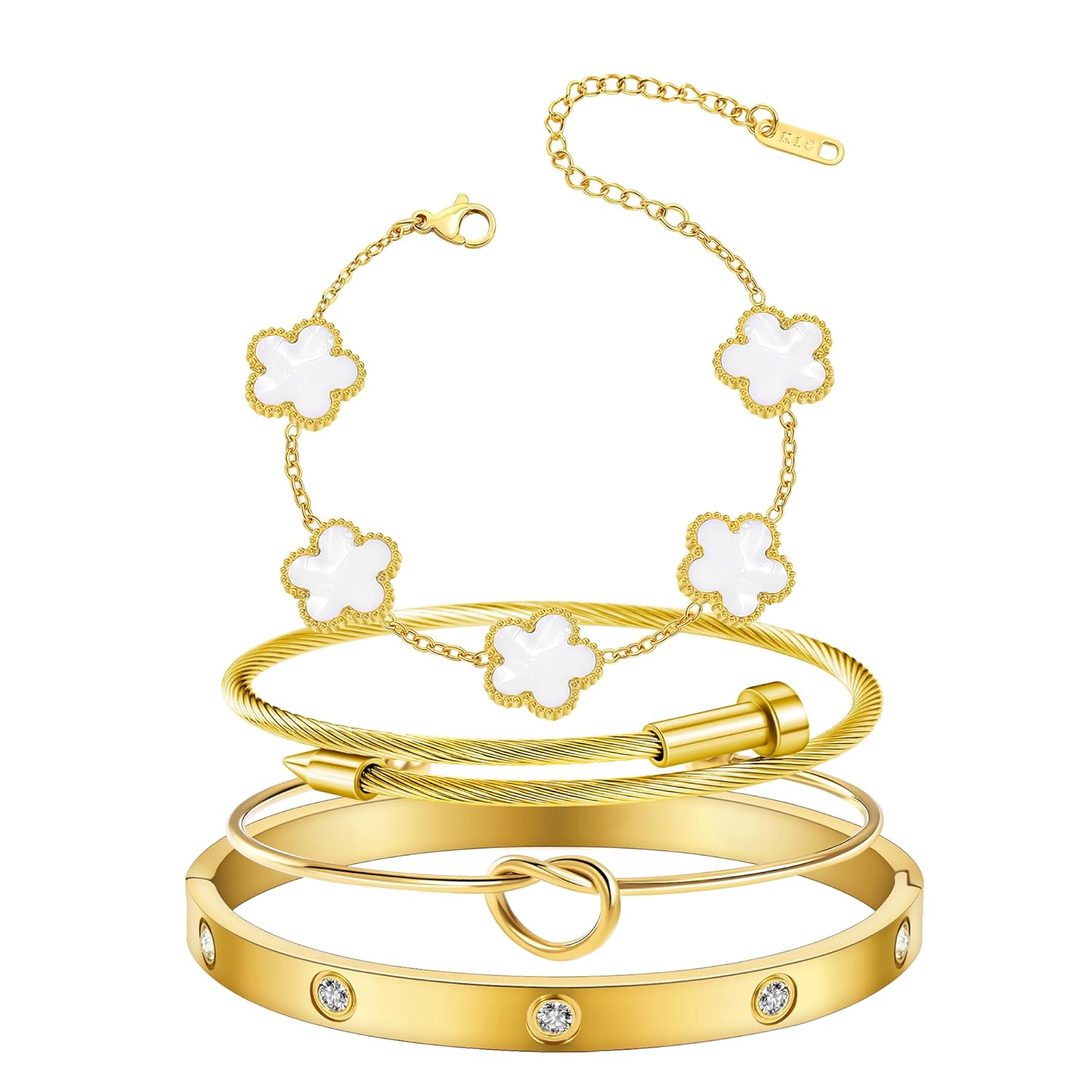 Womens 4Pcs Stackable Floral Gold Bracelets Stainless Steel Bangle Bracelets Non Tarnish Silver Set Trendy Jewelry Gifts for