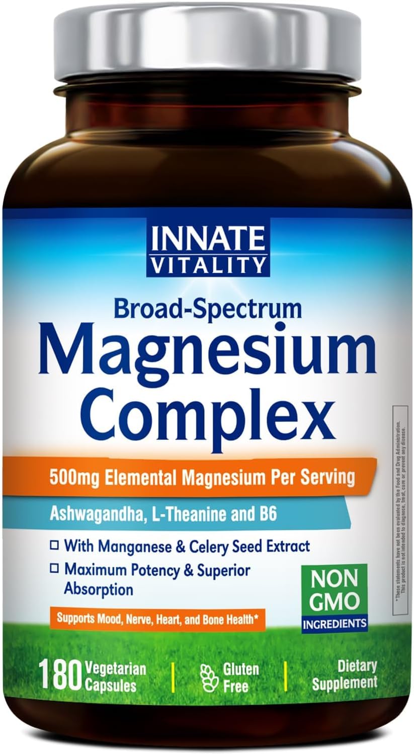 Innate Vitality Magnesium Supplement 500mg, Magnesium Glycinate, Malate & Taurate, with Vitamin B6, Ashwagandha, L-Theanine & Celery, High Absorption, Vegan, Non-GMO (180 Count)