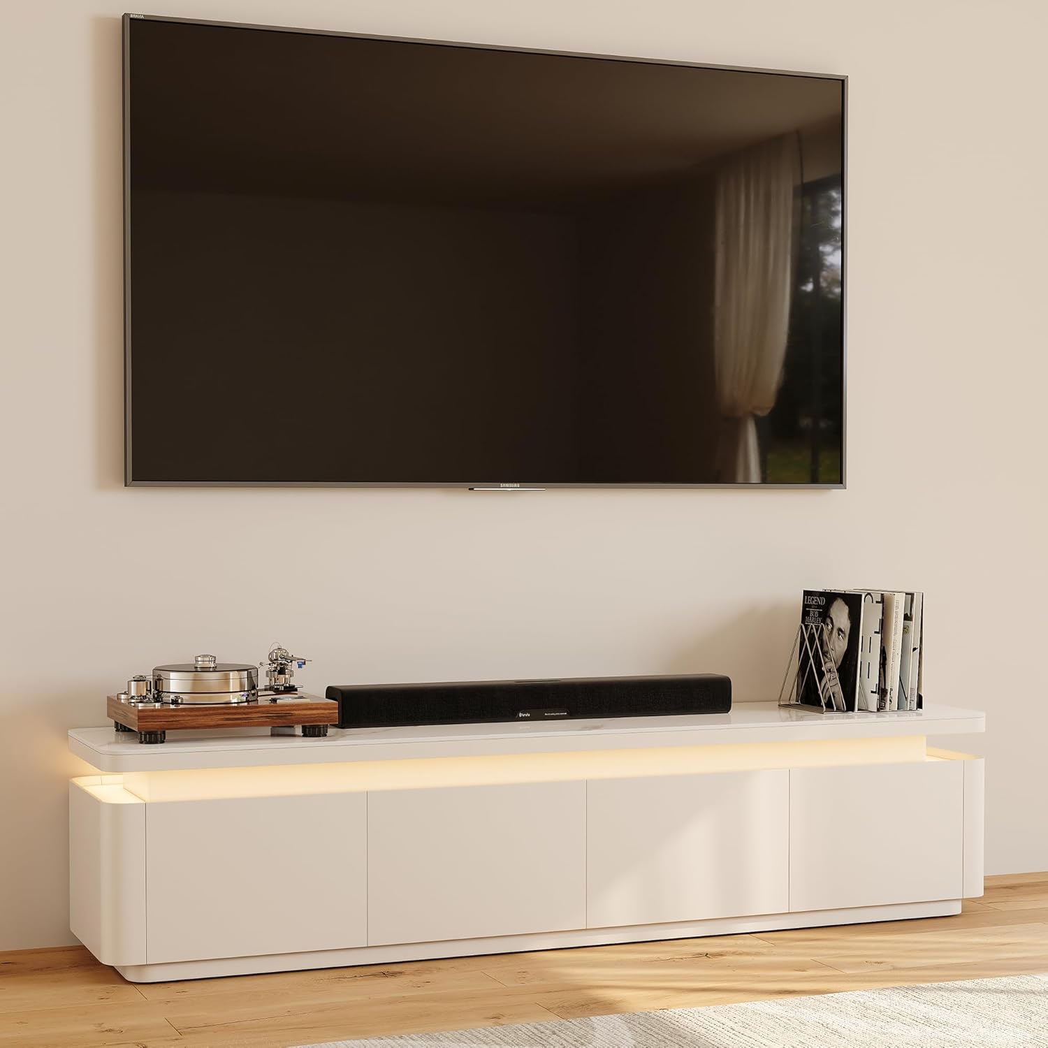 POVISON Fully Assembled 71" Mid-Century Modern TV Stand with LED Lights, Glossy Sintered Stone Top Media Console for 65 Inch TV, Drop-Down Doors & Drawers, Open Storage for Living Room